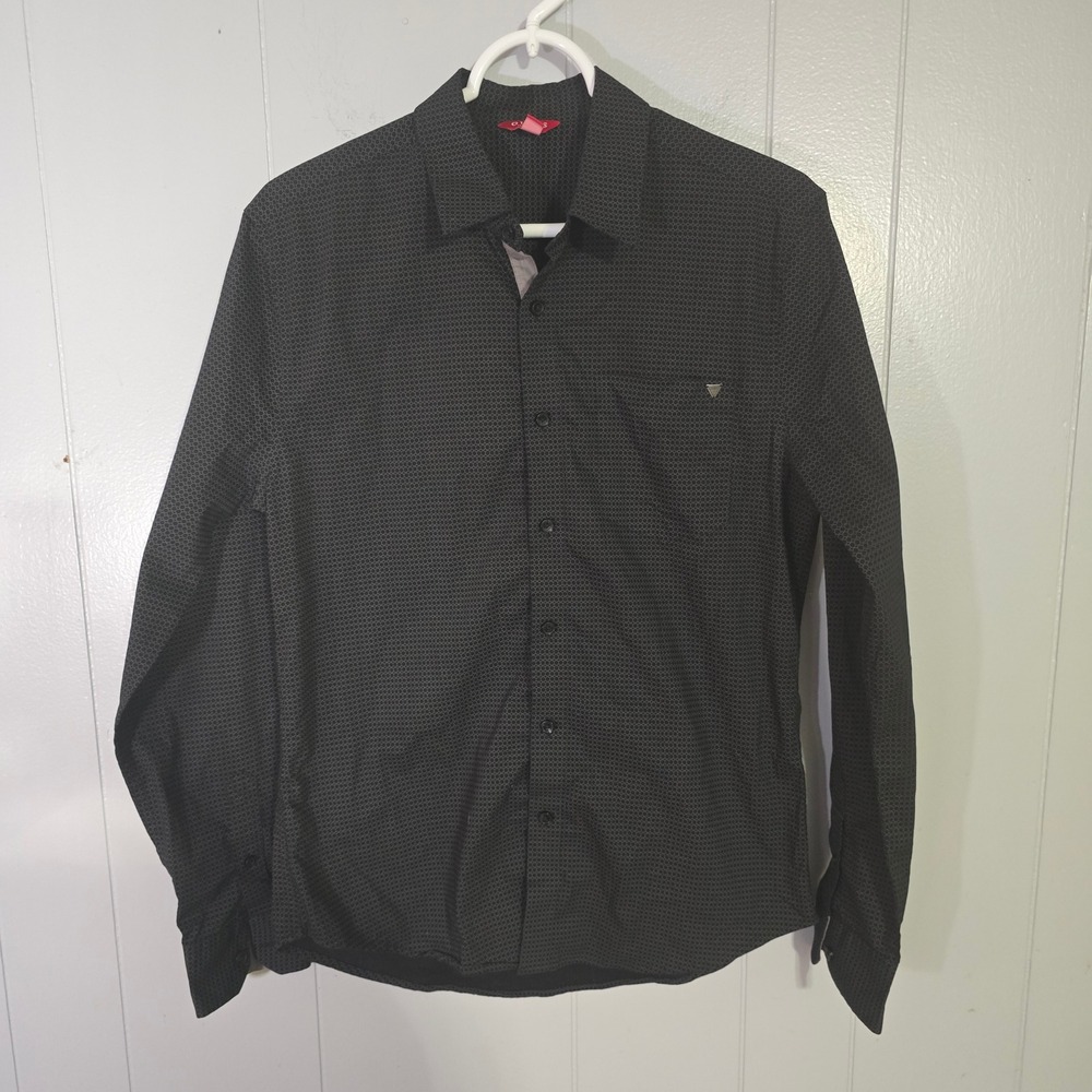 Guess Los‎ Angeles Mens Small Black Geometric Button Shirt Slim Fit Long Sleeve